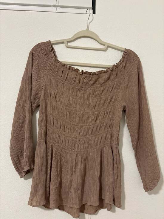Zenobia Tops - Zenobia Brown Smocked Peplum Long Sleeve Top Size 1XL